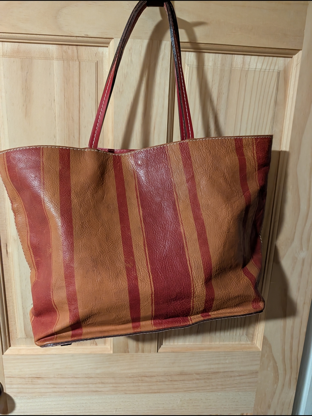Maurizio Taiuti Leather Striped Tote in Brown and Red